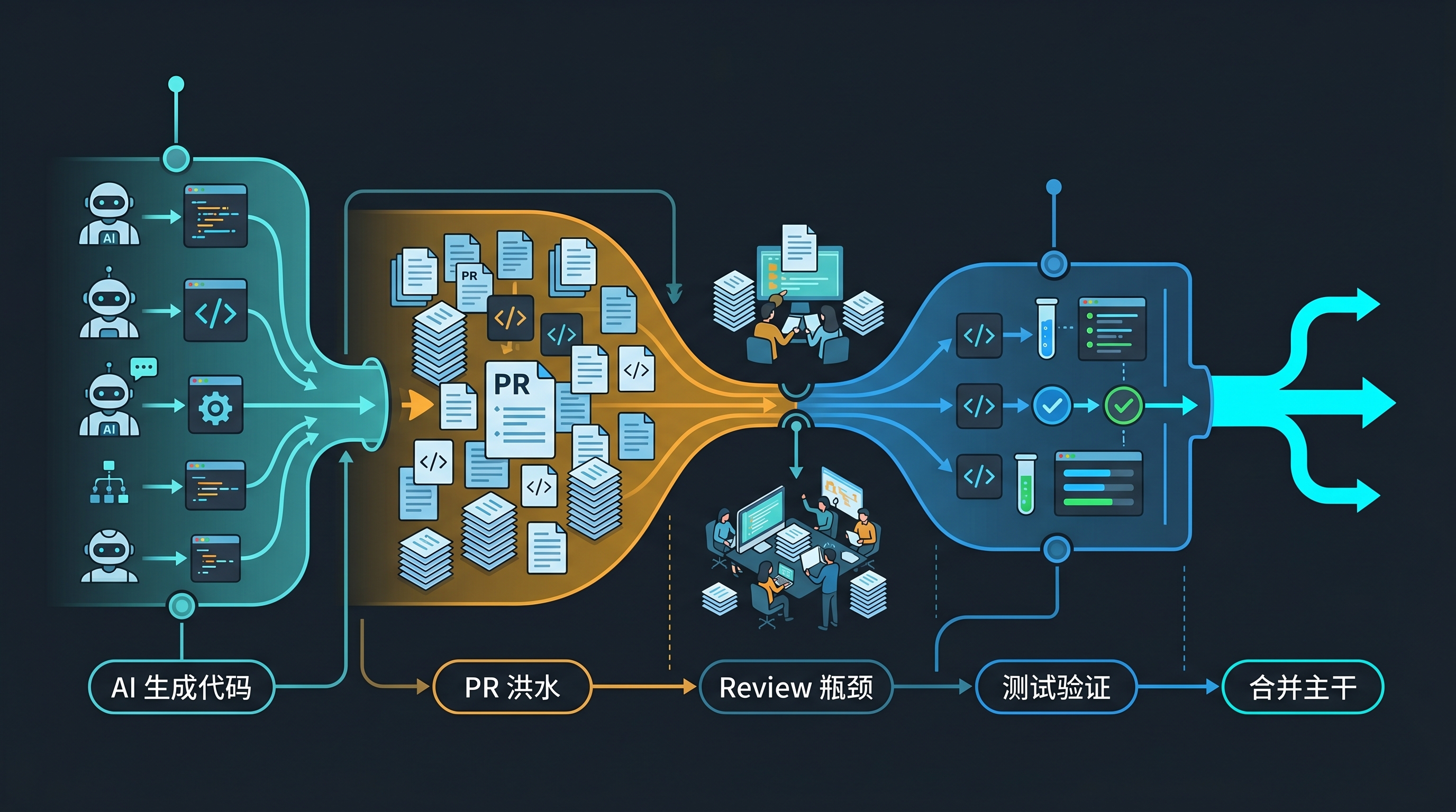 AI 代码生成到 PR Review 的瓶颈示意图