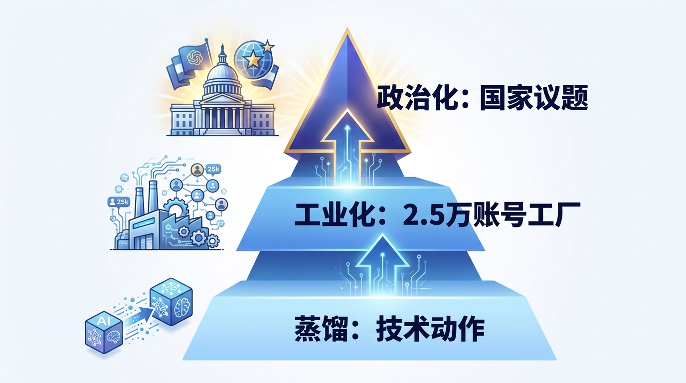 蒸馏 → 工业化 → 政治化：三层层层递进，从技术动作升级到国家议题