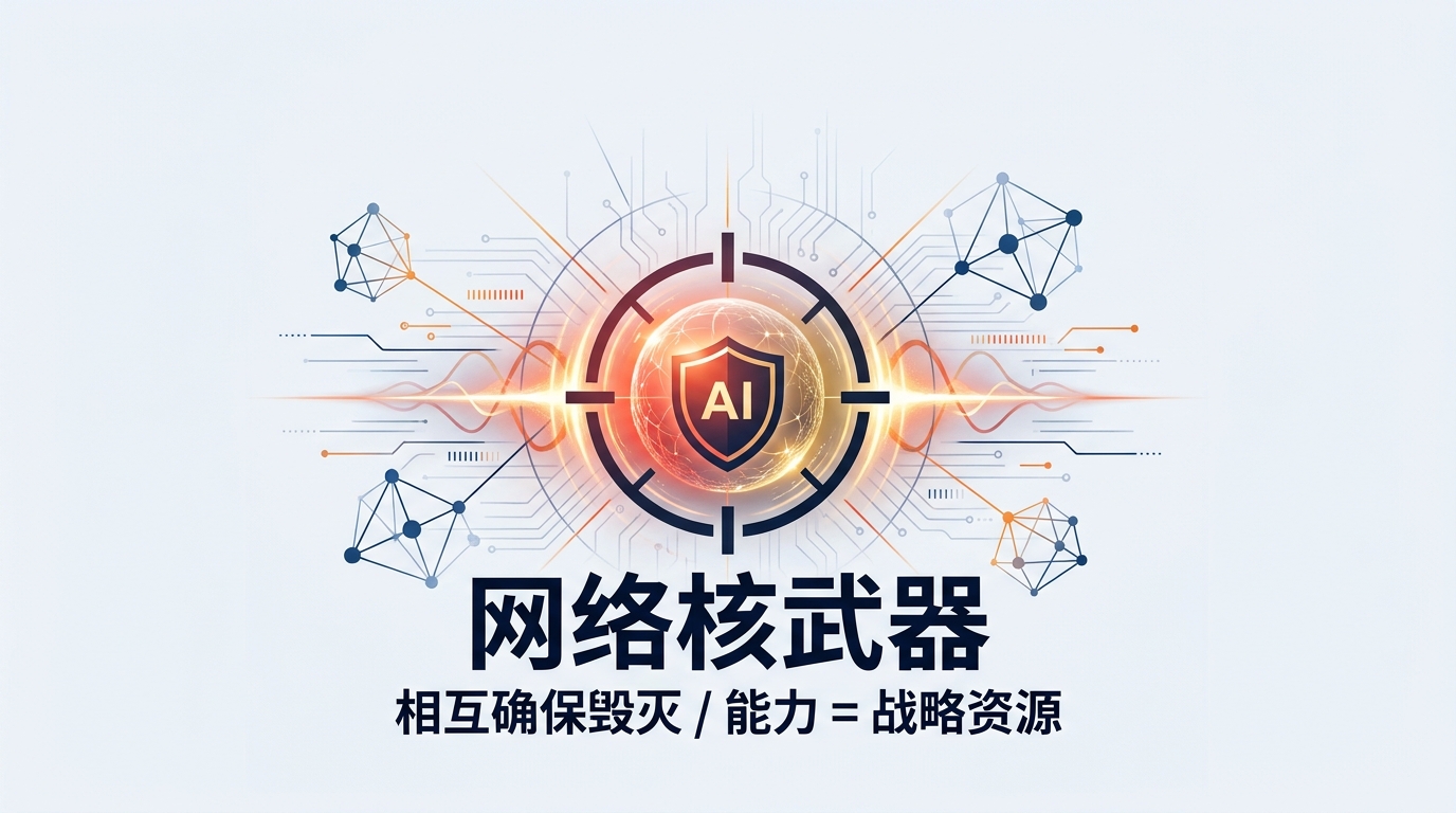 Mythos 被当作「网络核武器」：发光的 AI 核心被瞄准镜环绕，隐喻前沿能力被武器化