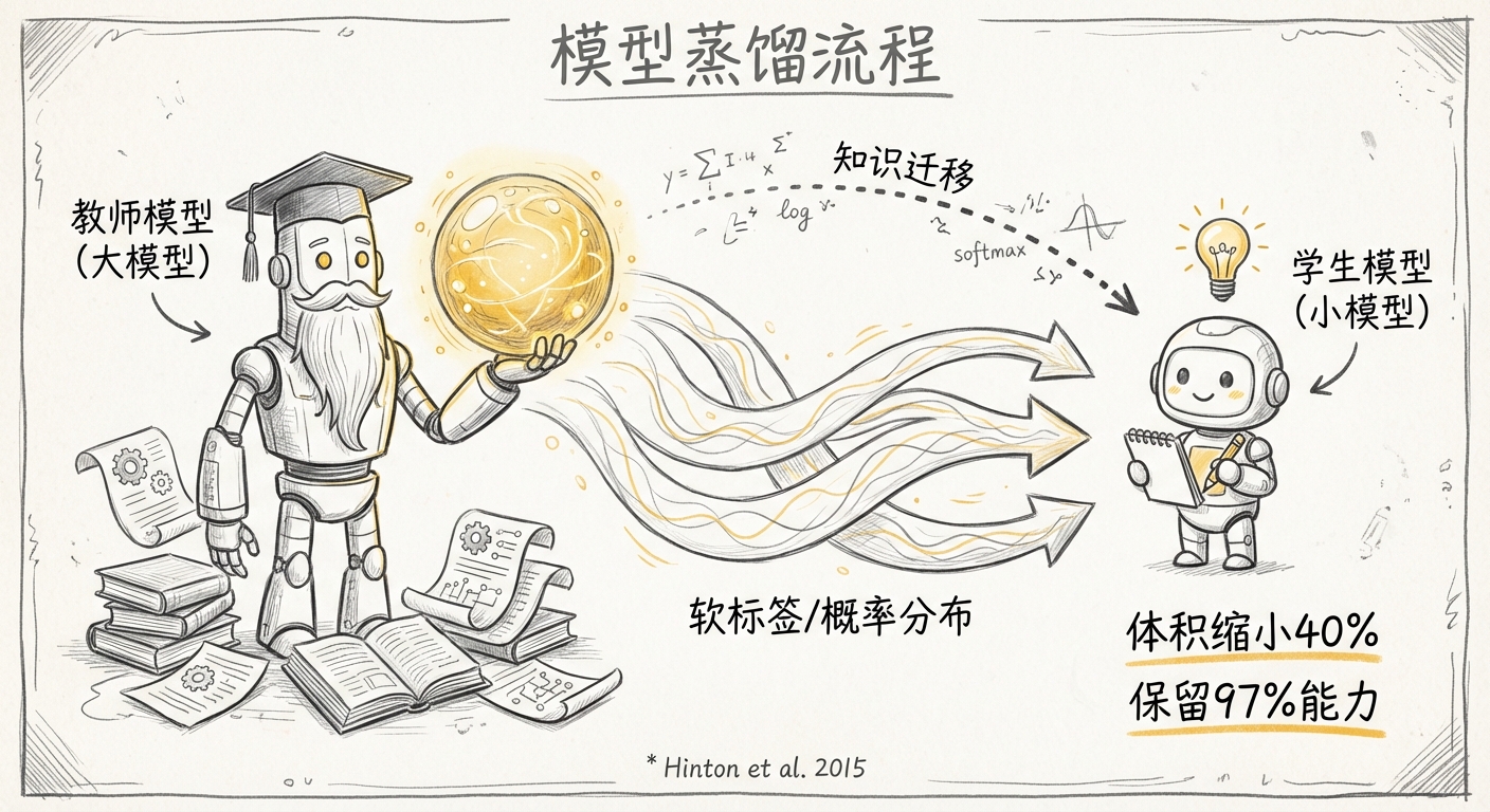模型蒸馏：教师模型向学生模型传递知识的流程示意