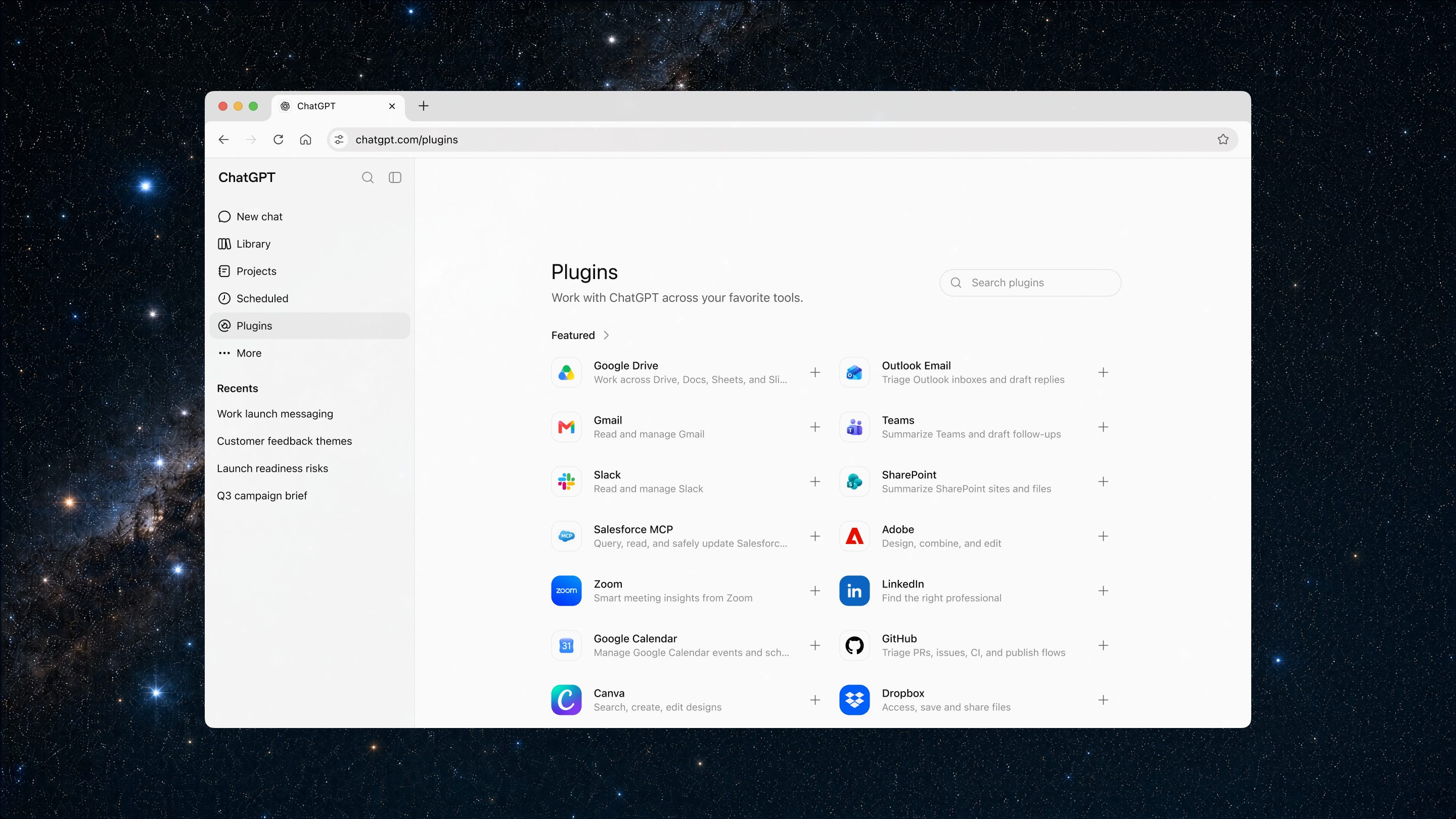 OpenAI 官方插件目录：ChatGPT Work 可统一管理 Google Drive、Gmail、Slack、Teams、SharePoint 和 Salesforce 等连接