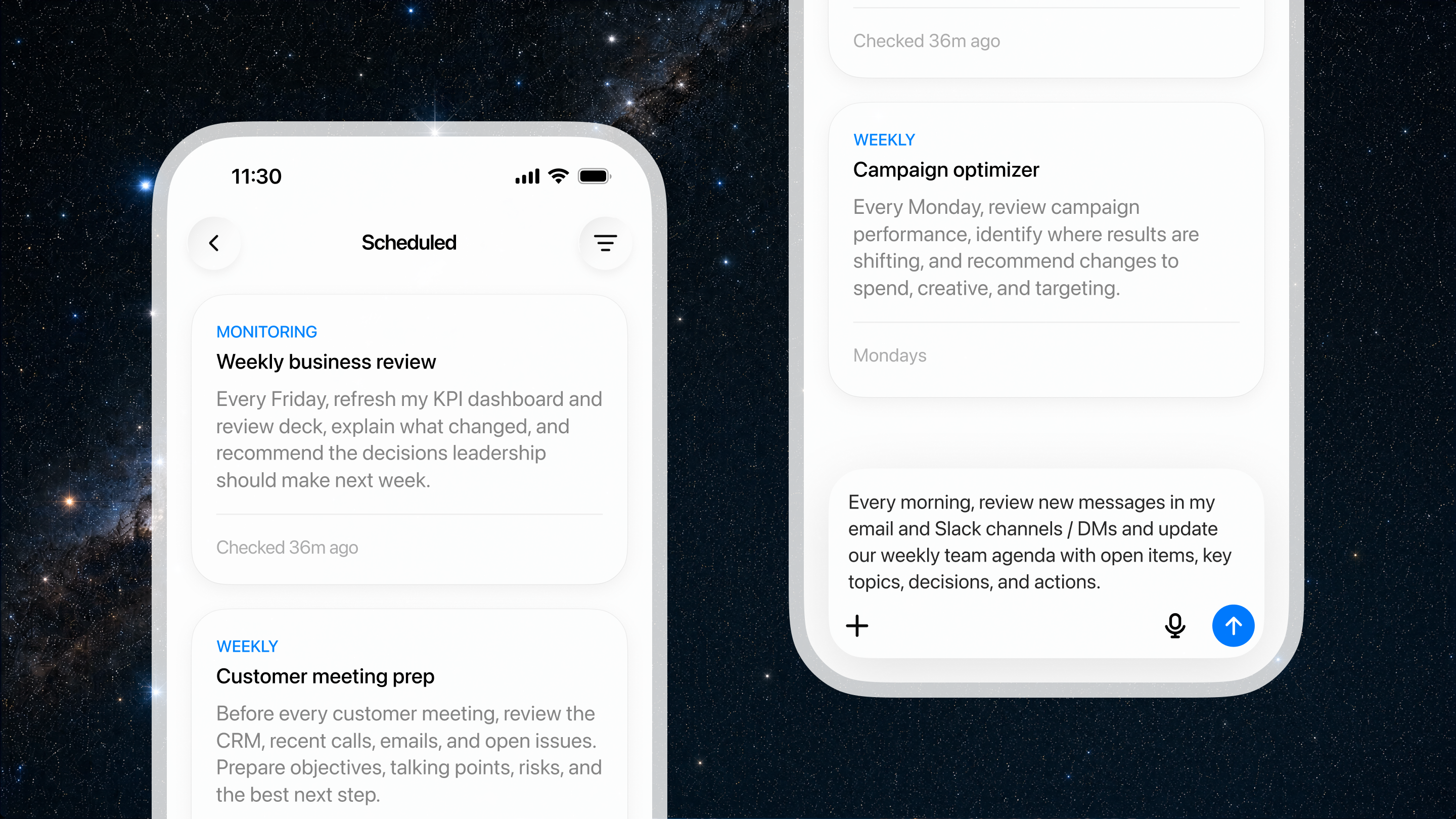 OpenAI 官方 Scheduled Tasks 界面：定期业务回顾、客户会前准备与营销优化等任务可在移动端持续运行