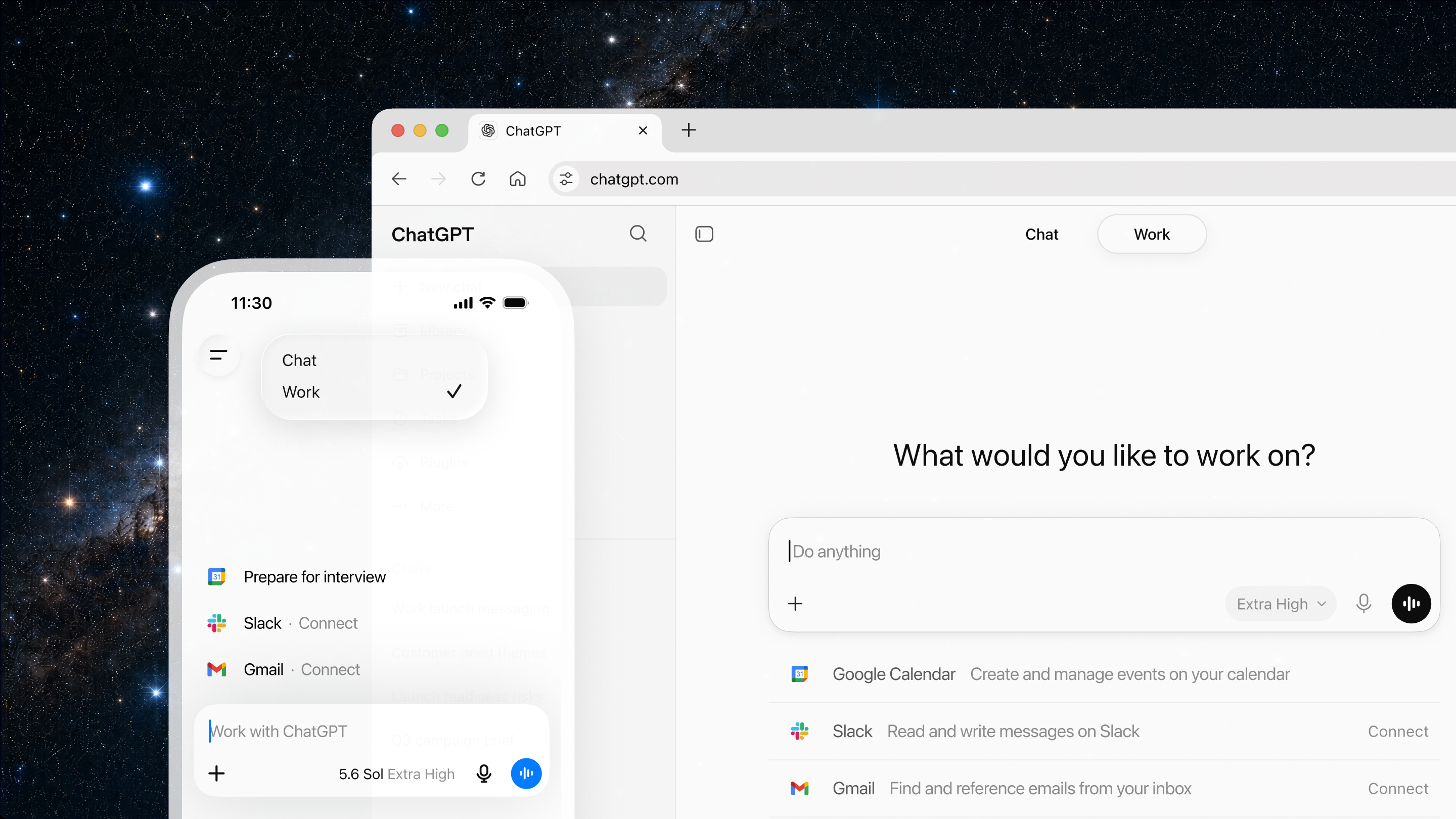 OpenAI 官方展示：ChatGPT Work 在桌面端与移动端衔接任务，并连接日历、Slack 和 Gmail
