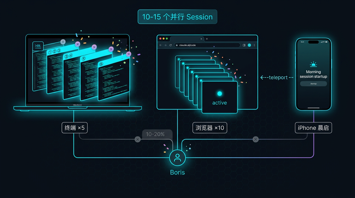 Boris 调度 10-15 个并行 Claude Session 的三端工作流