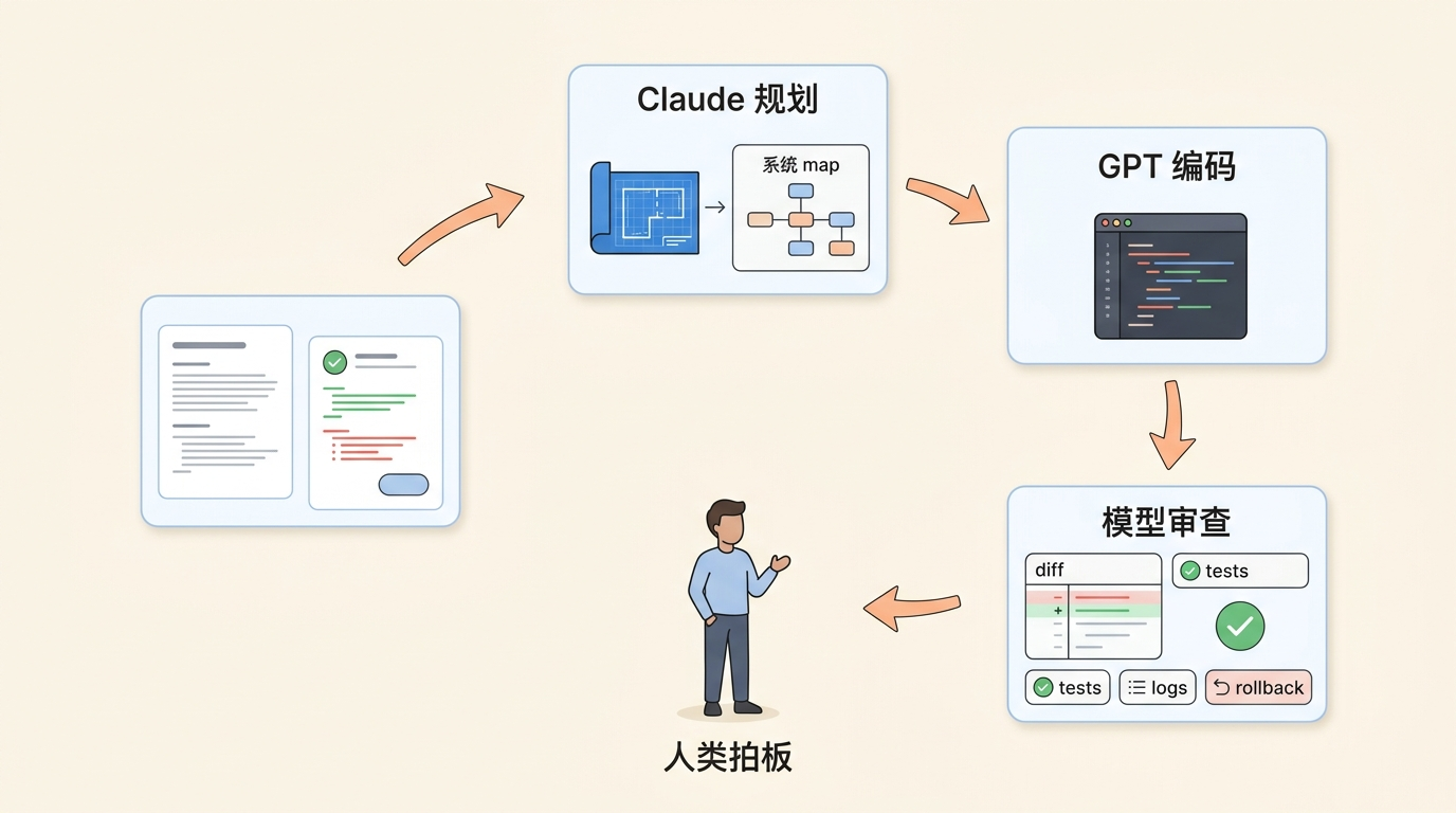 Claude 规划、GPT 编码、模型审查与人类拍板的闭环
