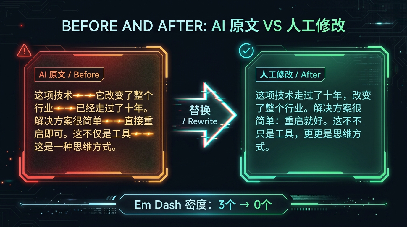 Em Dash 替换前后对比：AI 原文 vs 人工修改