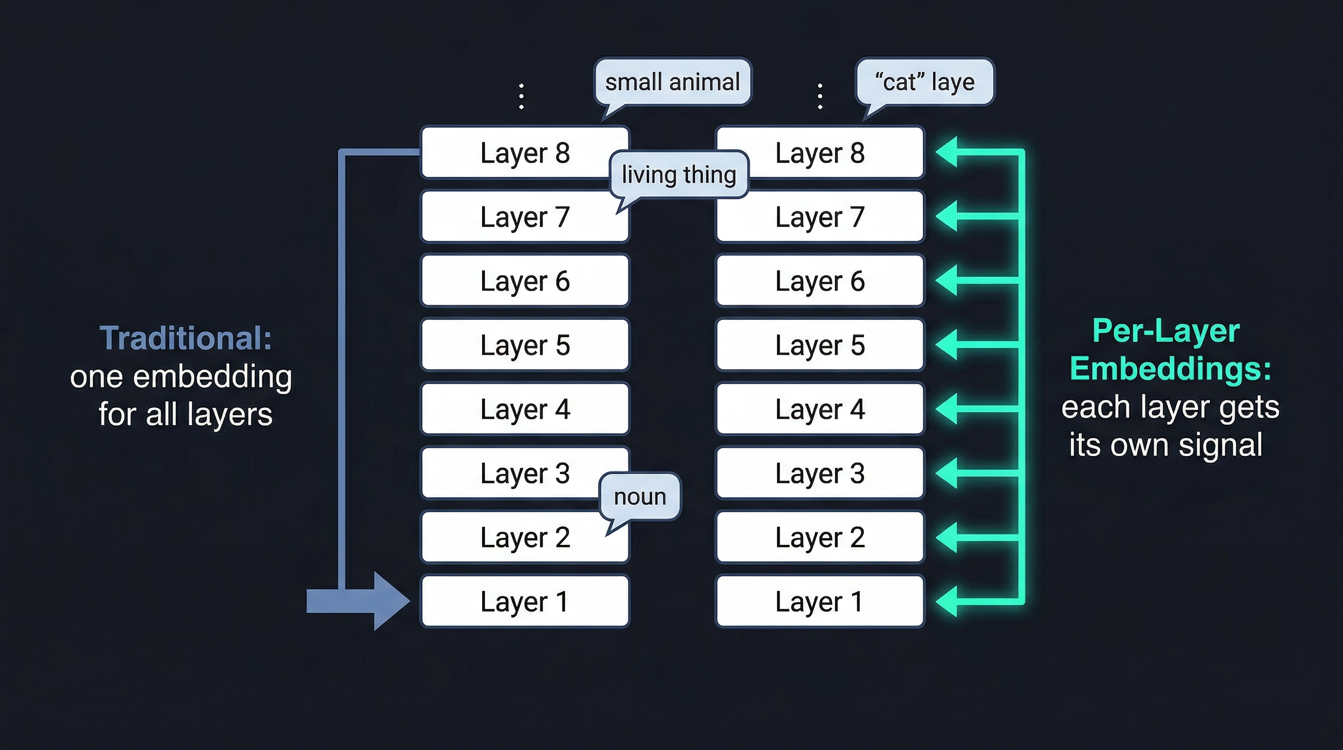 Per-Layer Embeddings对比：传统方式只有一个入口嵌入，PLE 为每一层单独提供信号，token 在不同层的"意义"各不相同