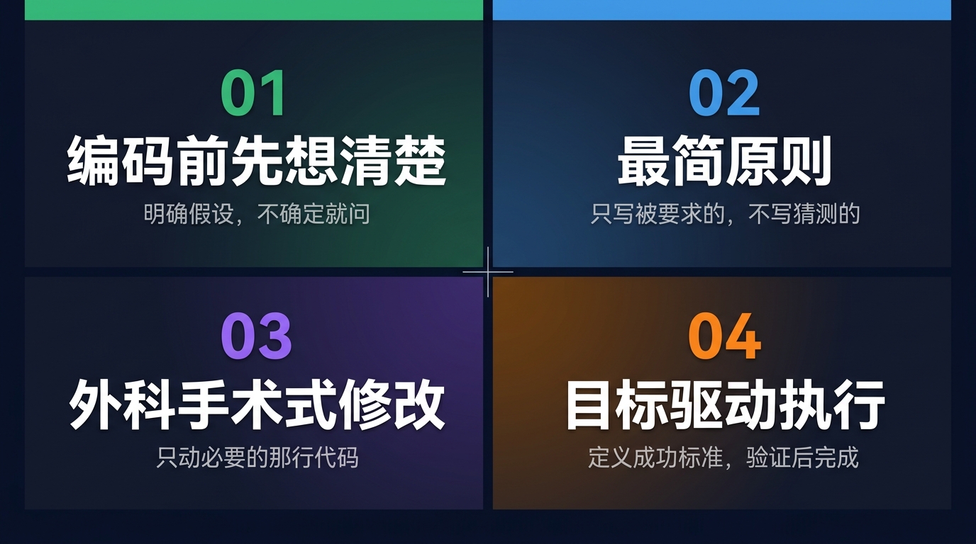 四条规则：编码前先想清楚 / 最简原则 / 外科手术式修改 / 目标驱动执行