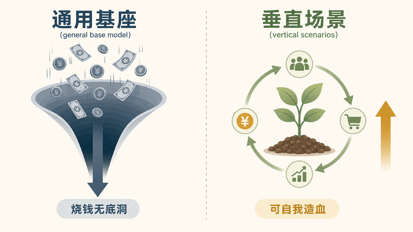 通用基座（持续烧钱、长周期）与垂直场景（可自我造血）的对比