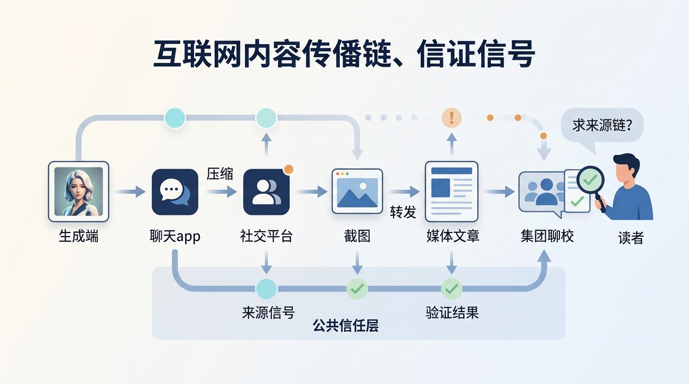AI 内容在传播链中不断被压缩、截图和转发，来源信号需要跨平台保留与验证