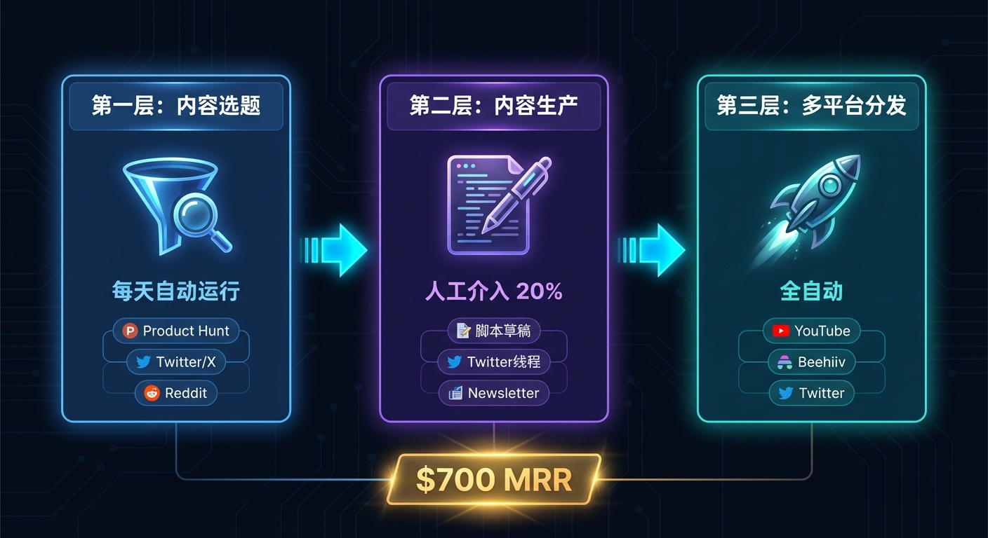 Mark Savant 的内容自动化三层工作流：选题→内容生产→多平台分发